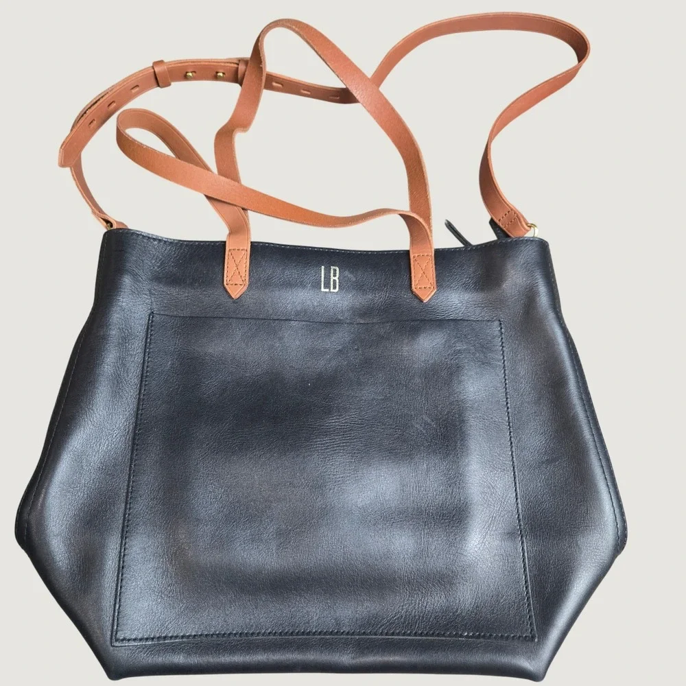 Madewell The Zip-Top Medium Transport Tote Black Leather Gold Monogram LB AE189